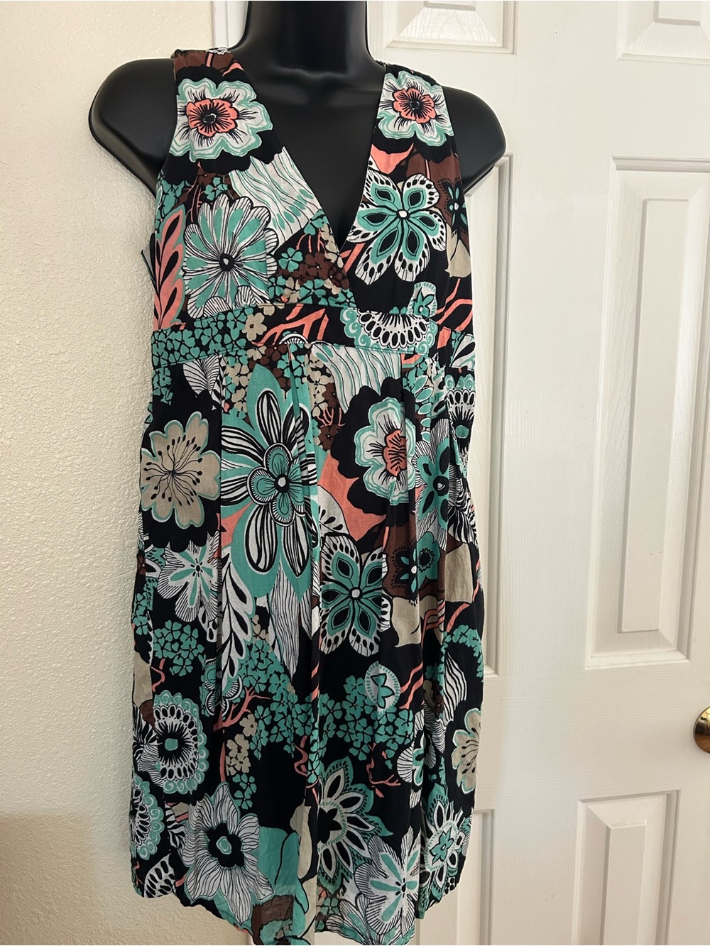 NAF NAF Floral V-Neck Dress in Black, Teal & Coral